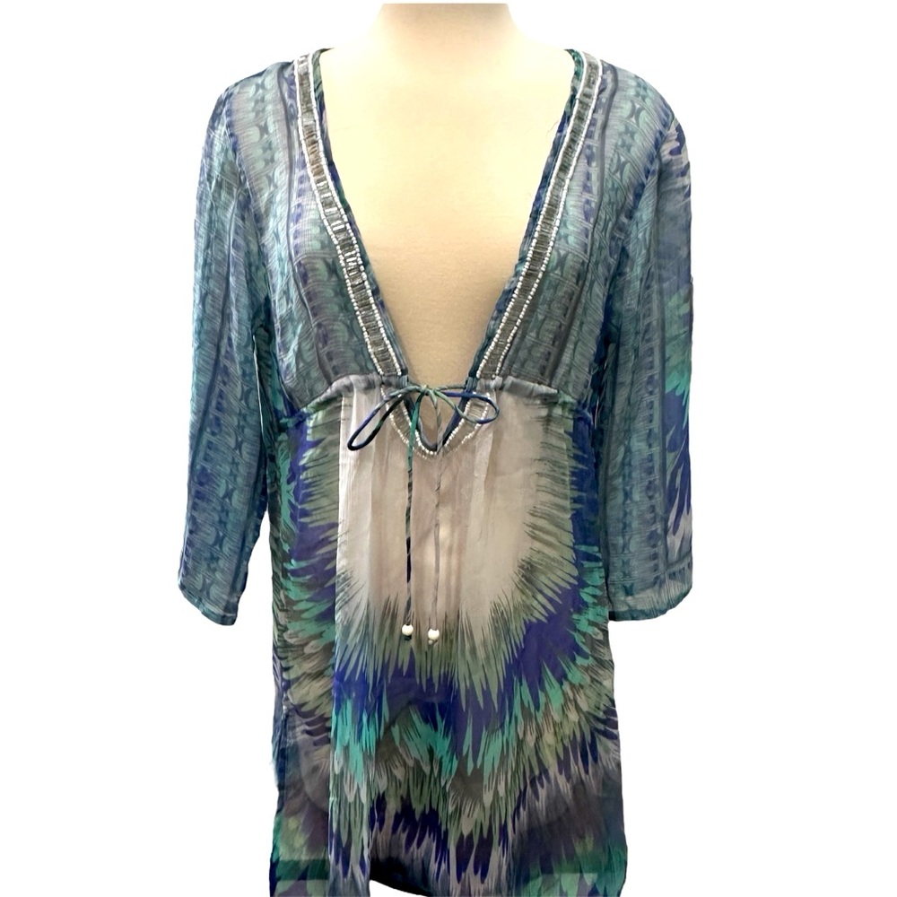Charlie Paige Beaded Swim Suit Coverup Blue Green Bathing Suit Tunic
